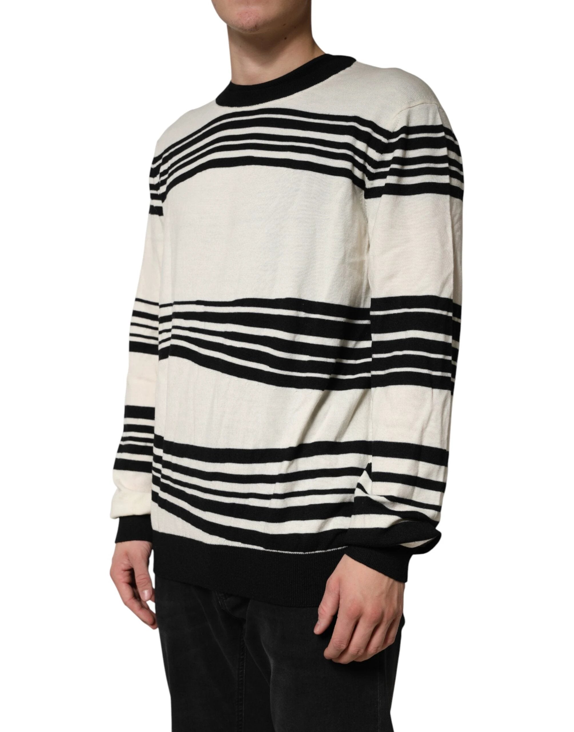 Dolce & Gabbana Black White Stripe CrewNeck Pullover Sweater by Dolce & Gabbana
