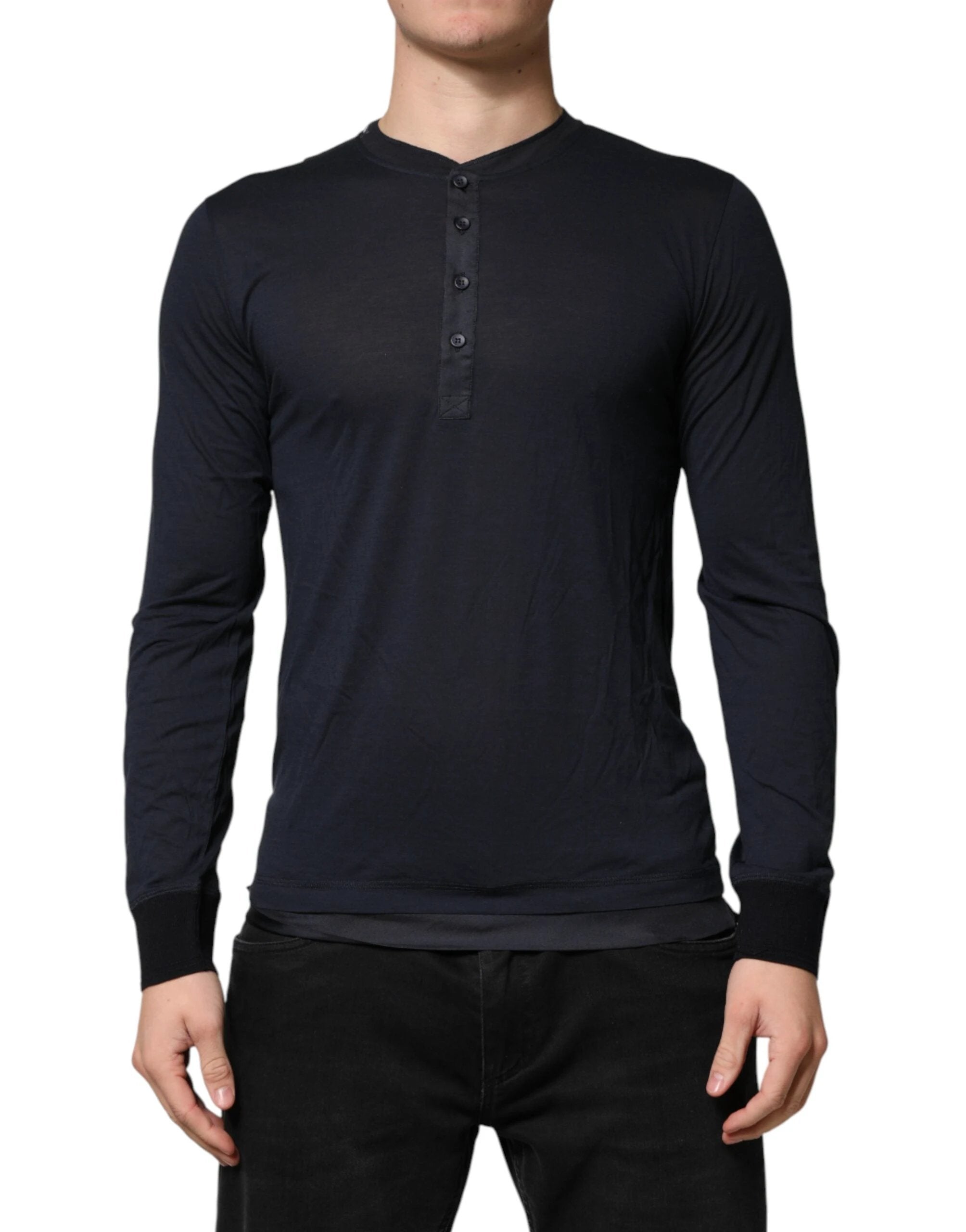 Dolce & Gabbana Dark Blue Cotton Henley Long Sleeves T-Shirt by Dolce & Gabbana