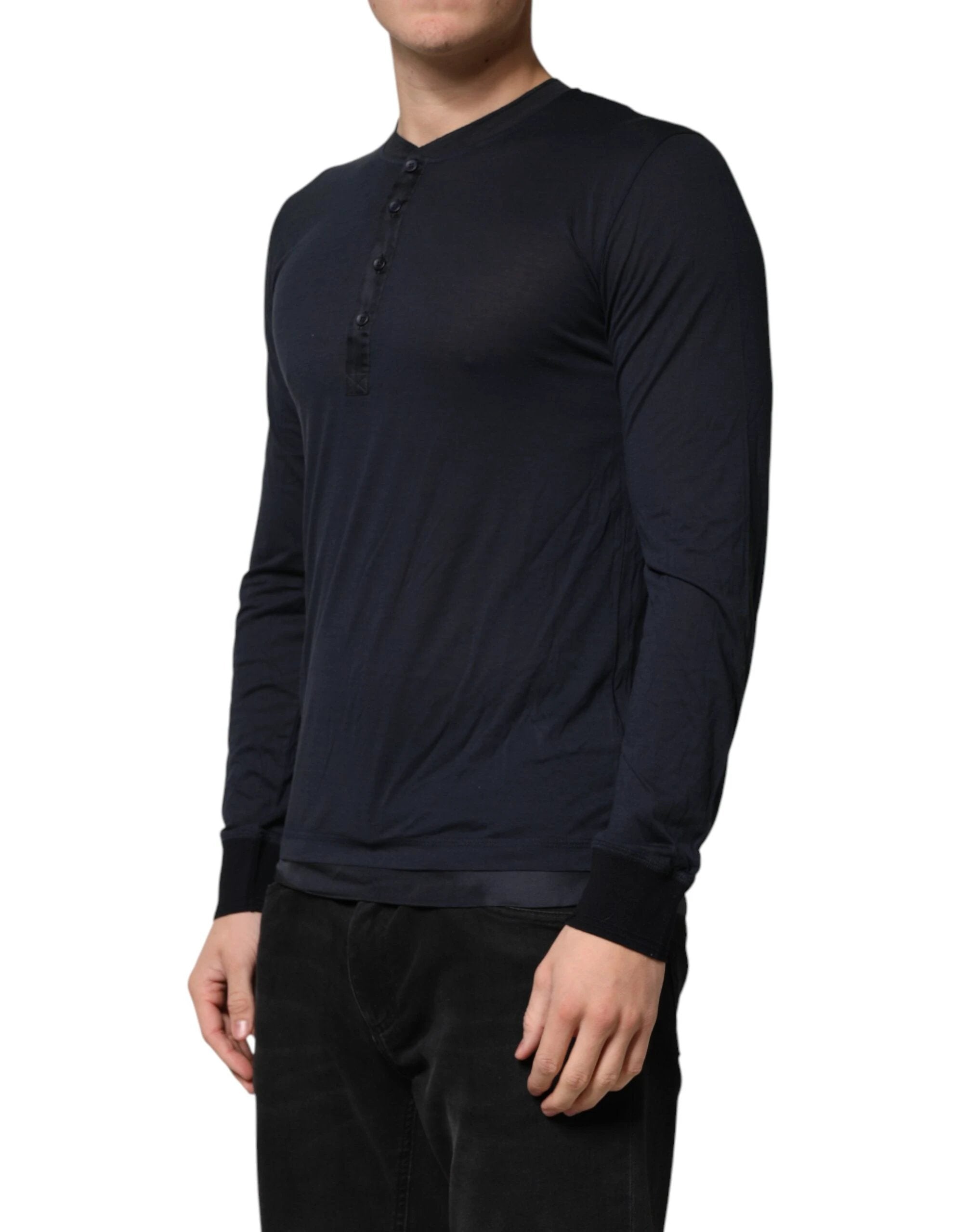 Dolce & Gabbana Dark Blue Cotton Henley Long Sleeves T-Shirt by Dolce & Gabbana