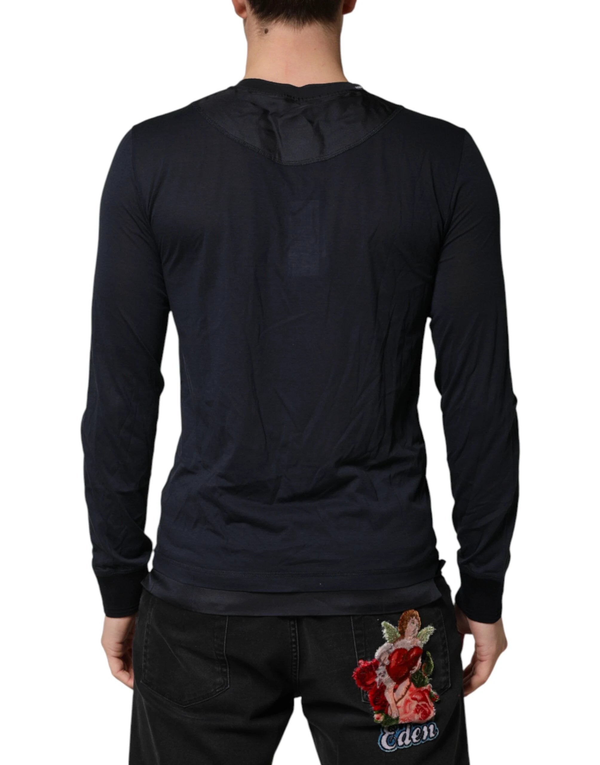 Dolce & Gabbana Dark Blue Cotton Henley Long Sleeves T-Shirt by Dolce & Gabbana
