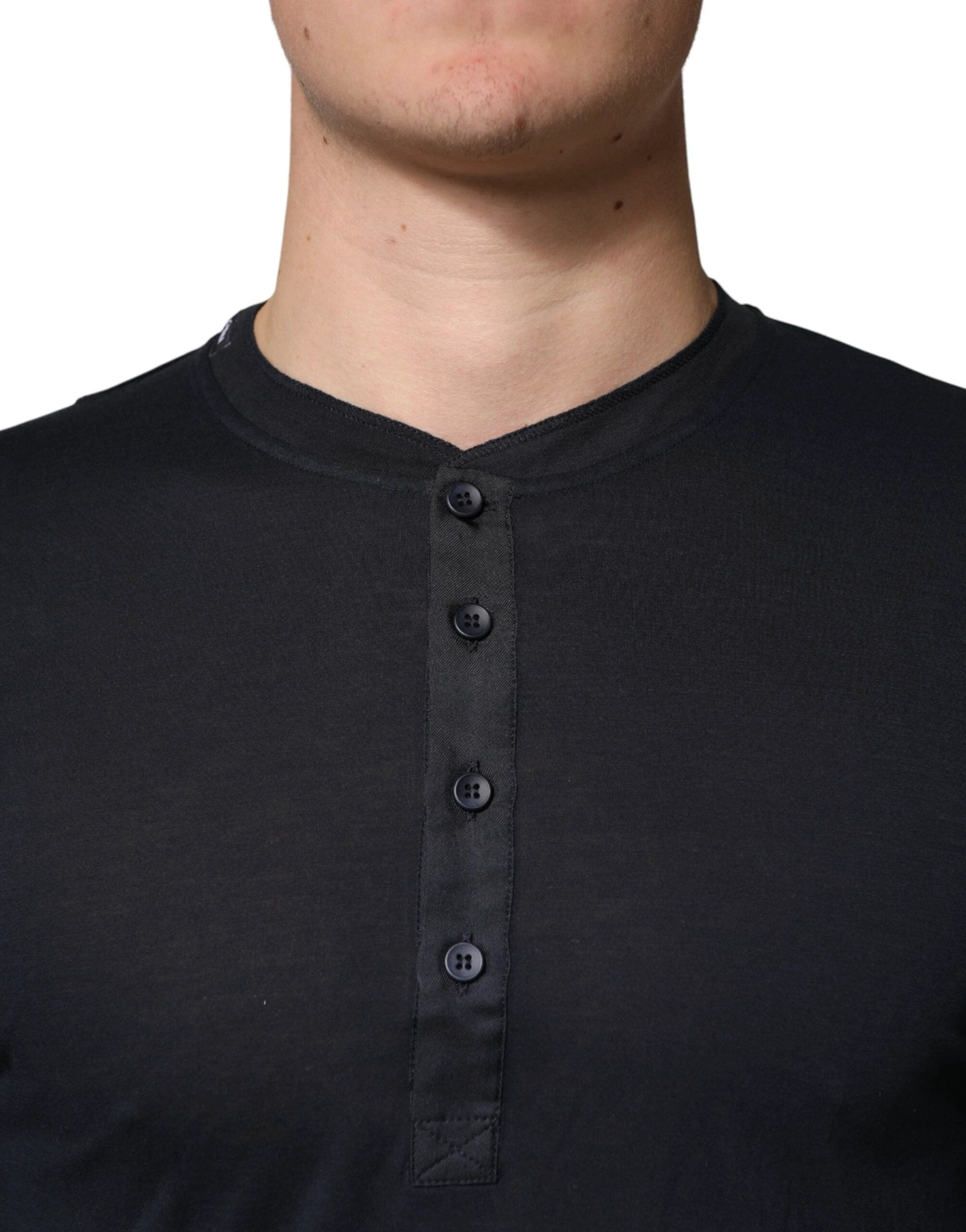 Dolce & Gabbana Dark Blue Cotton Henley Long Sleeves T-Shirt by Dolce & Gabbana
