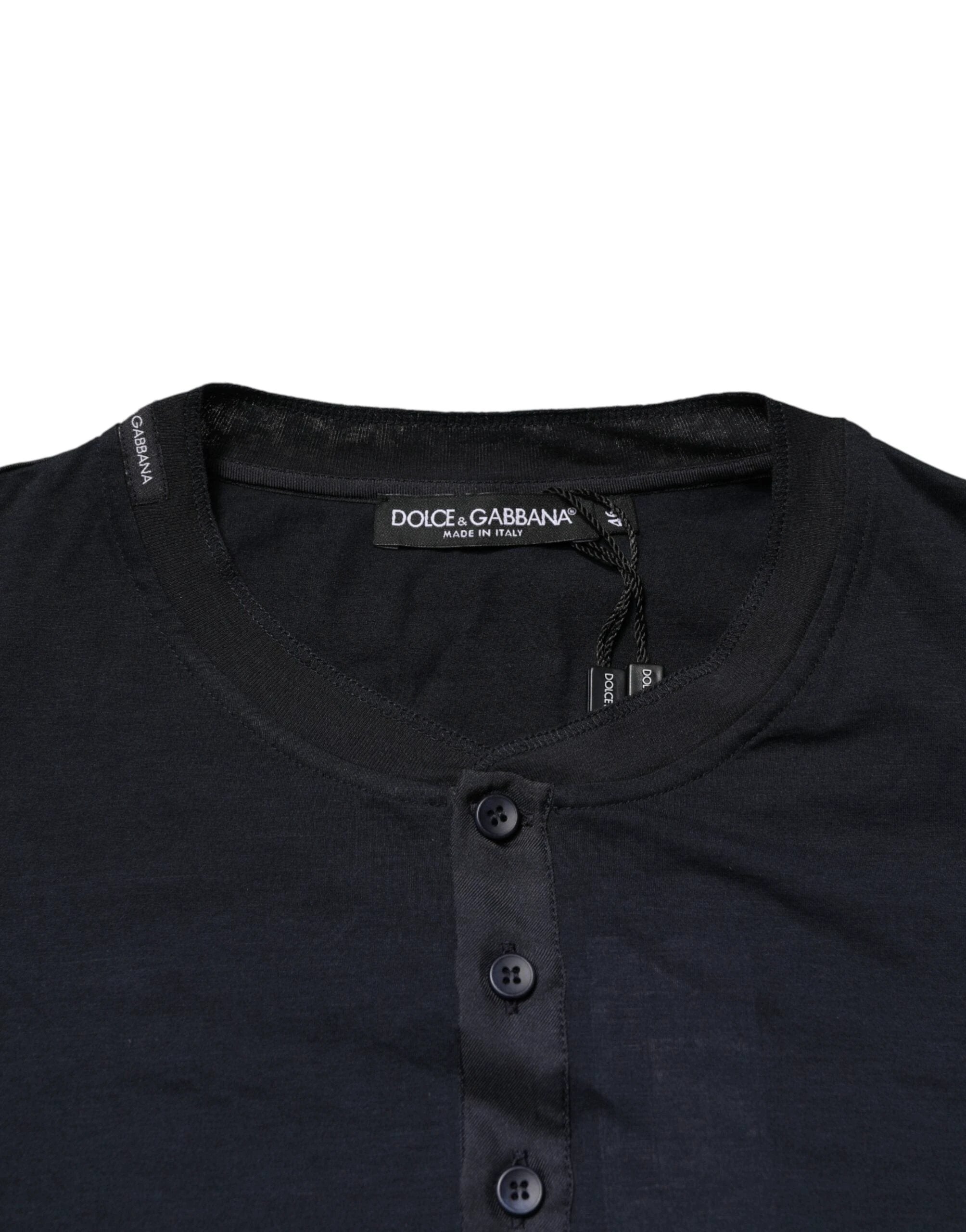 Dolce & Gabbana Dark Blue Cotton Henley Long Sleeves T-Shirt by Dolce & Gabbana