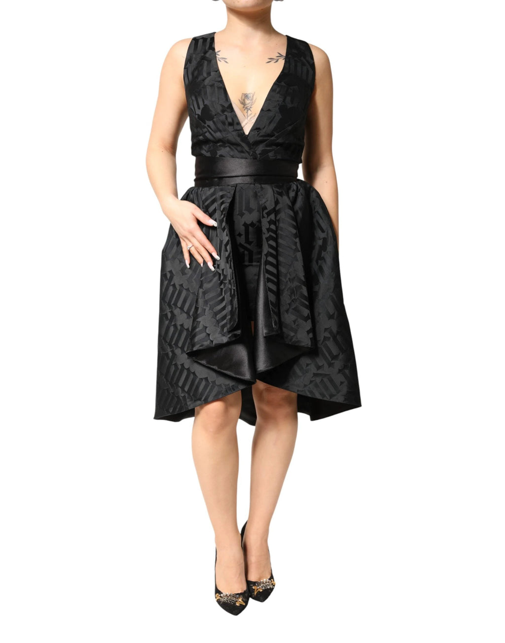 John Richmond Black Jacquard Deep V-neck Sleeveless 2 Pc Dress by John Richmond