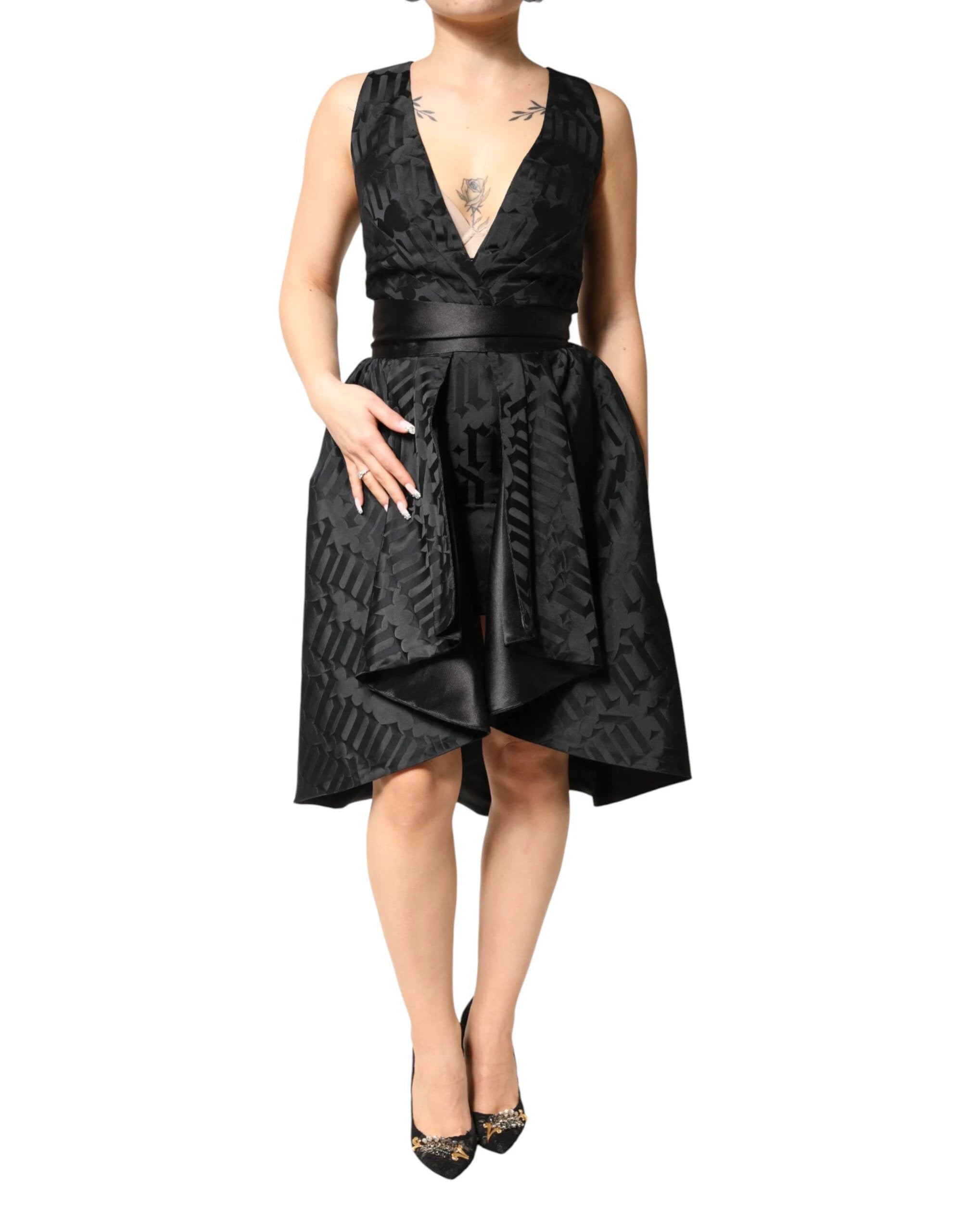 John Richmond Black Jacquard Deep V-neck Sleeveless 2 Pc Dress by John Richmond