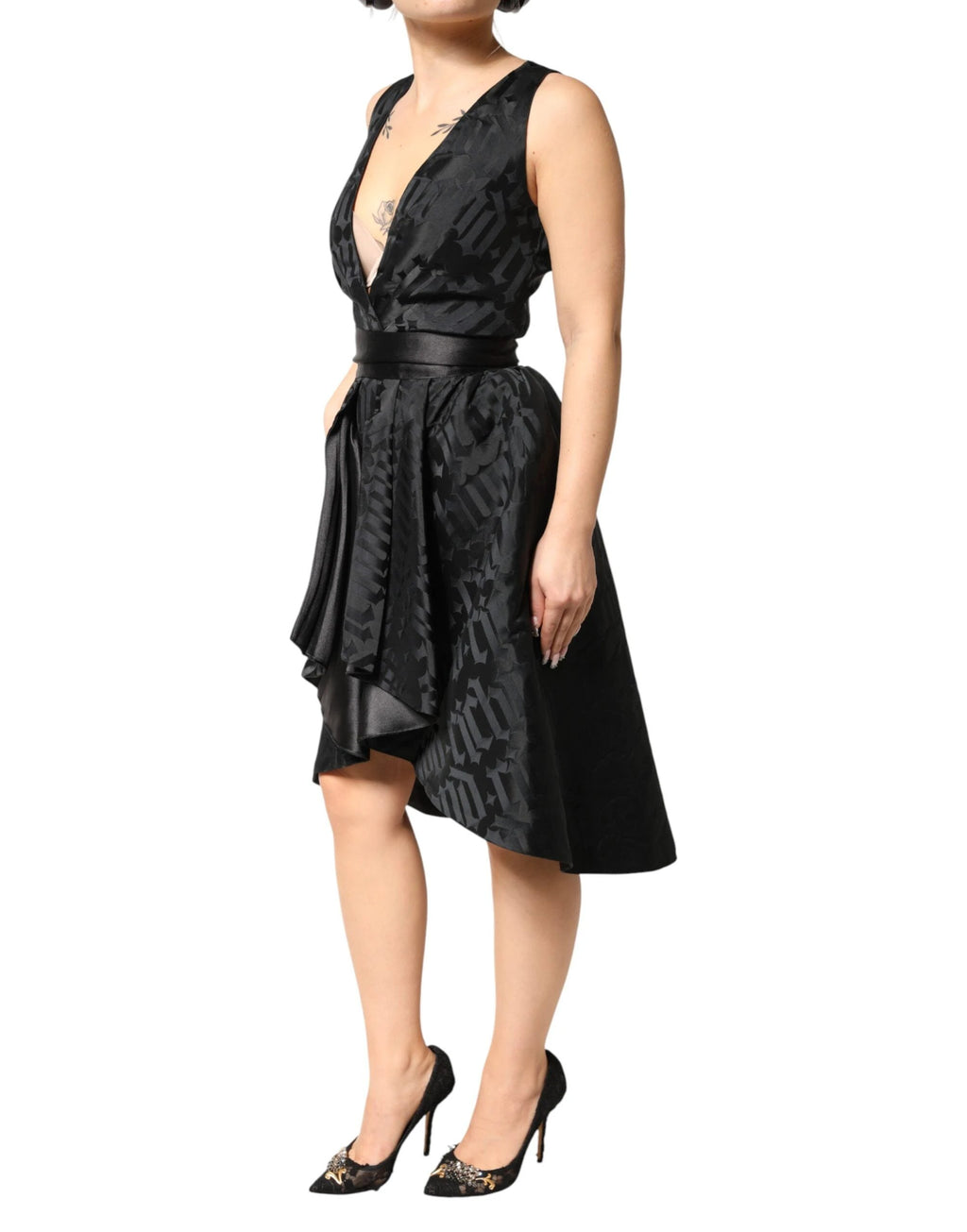 John Richmond Black Jacquard Deep V-neck Sleeveless 2 Pc Dress by John Richmond