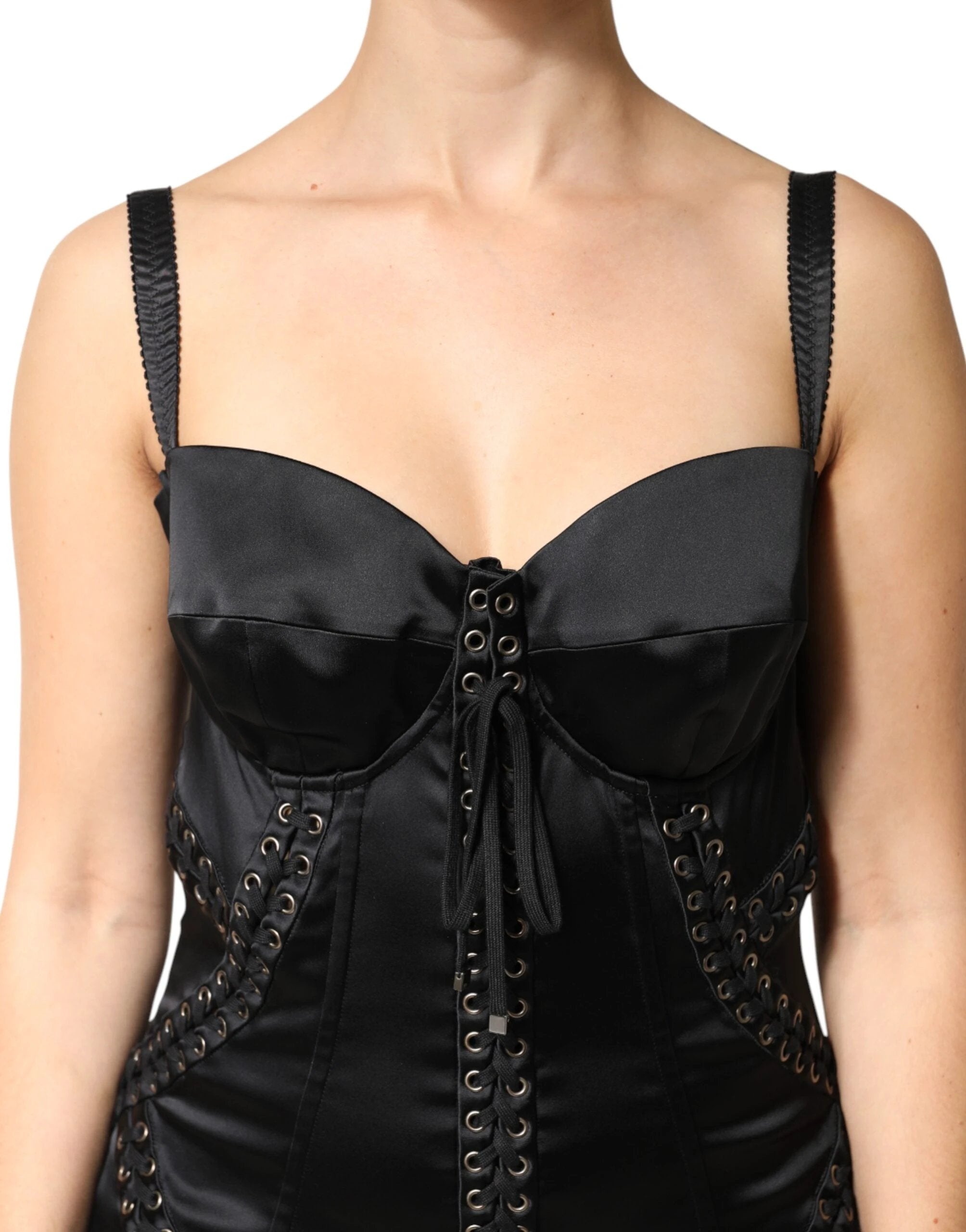 Dolce & Gabbana Black Satin Acetate Lace Eyelets Mini Dress by Dolce & Gabbana