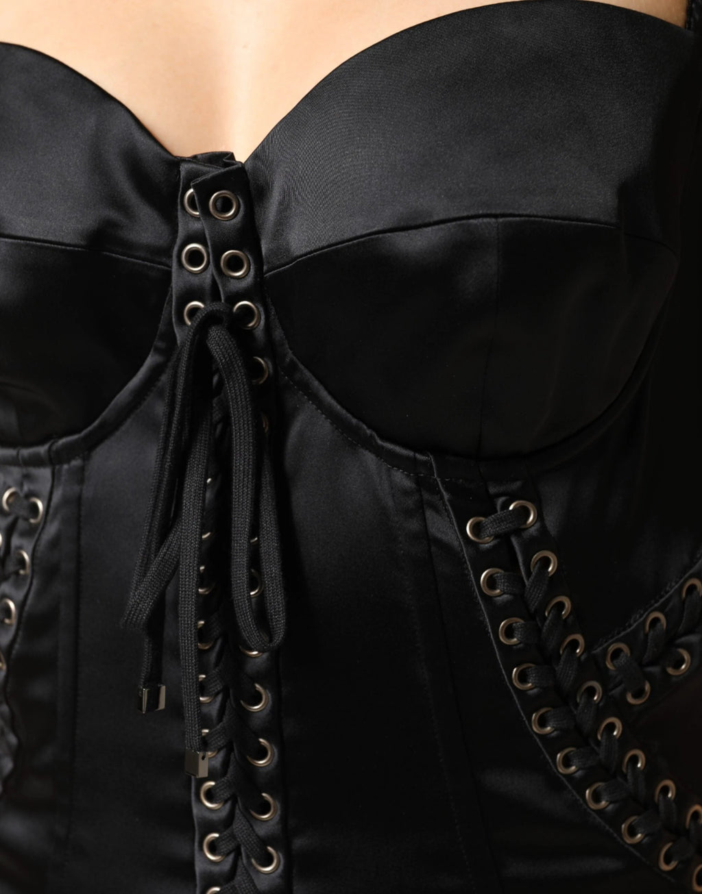 Dolce & Gabbana Black Satin Acetate Lace Eyelets Mini Dress by Dolce & Gabbana