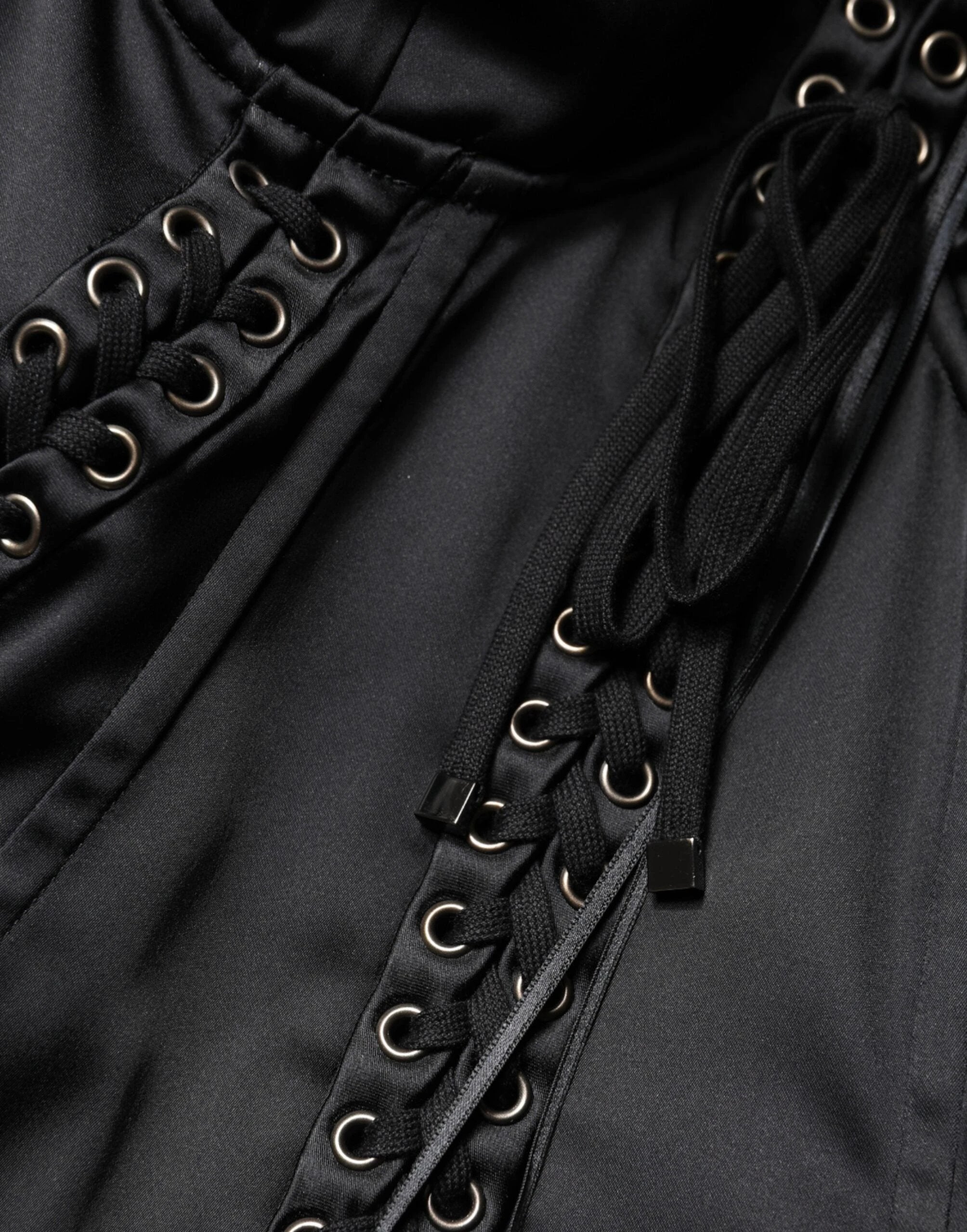 Dolce & Gabbana Black Satin Acetate Lace Eyelets Mini Dress by Dolce & Gabbana