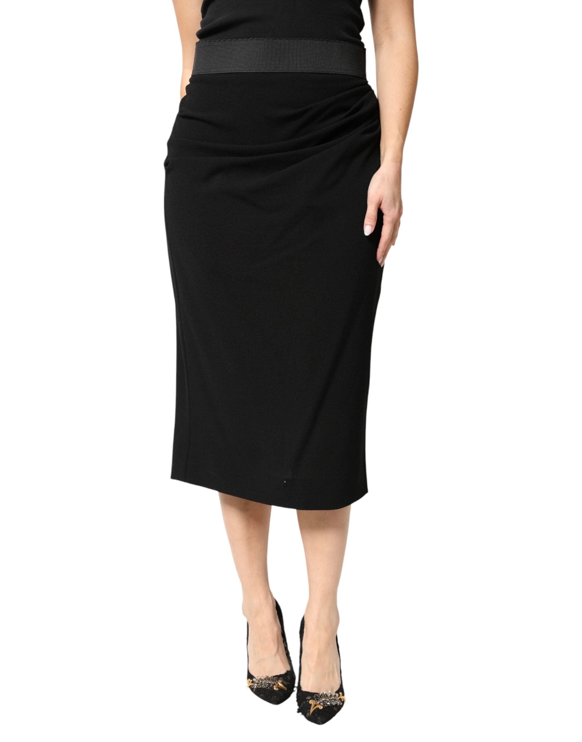 Dolce & Gabbana Black Wool High Waist Pencil Cut Midi Skirt by Dolce & Gabbana