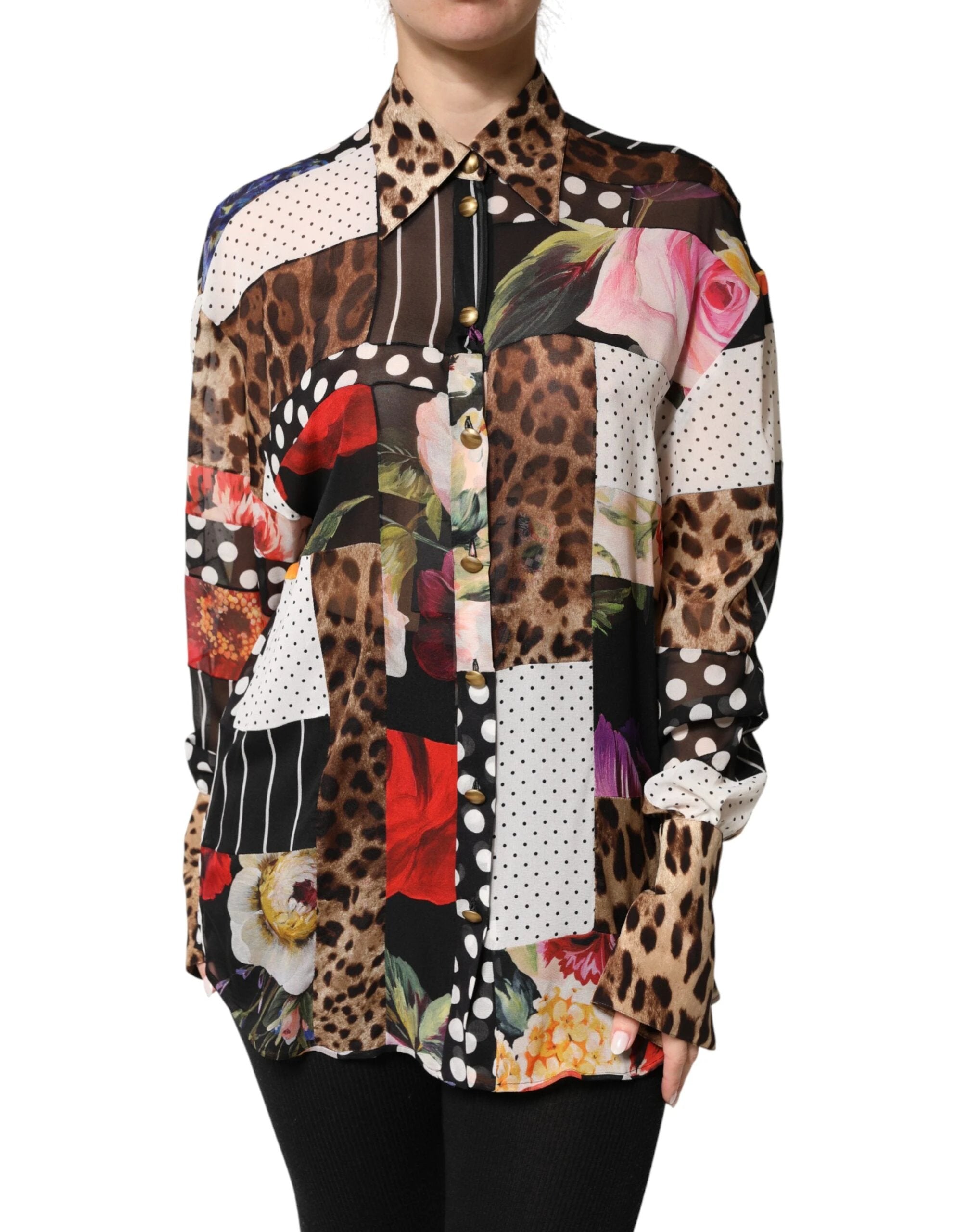 Dolce & Gabbana Multicolor Patchwork Silk CollaredBlouse Top by Dolce & Gabbana