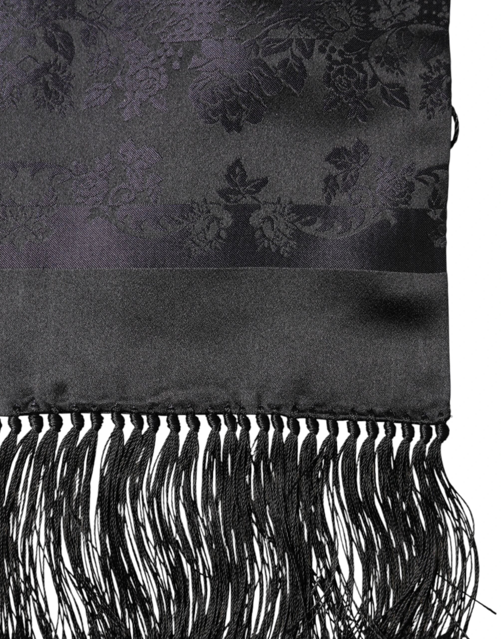 Dolce & Gabbana Black Satin Silk Fringes Neck Foulard Scarf by Dolce & Gabbana