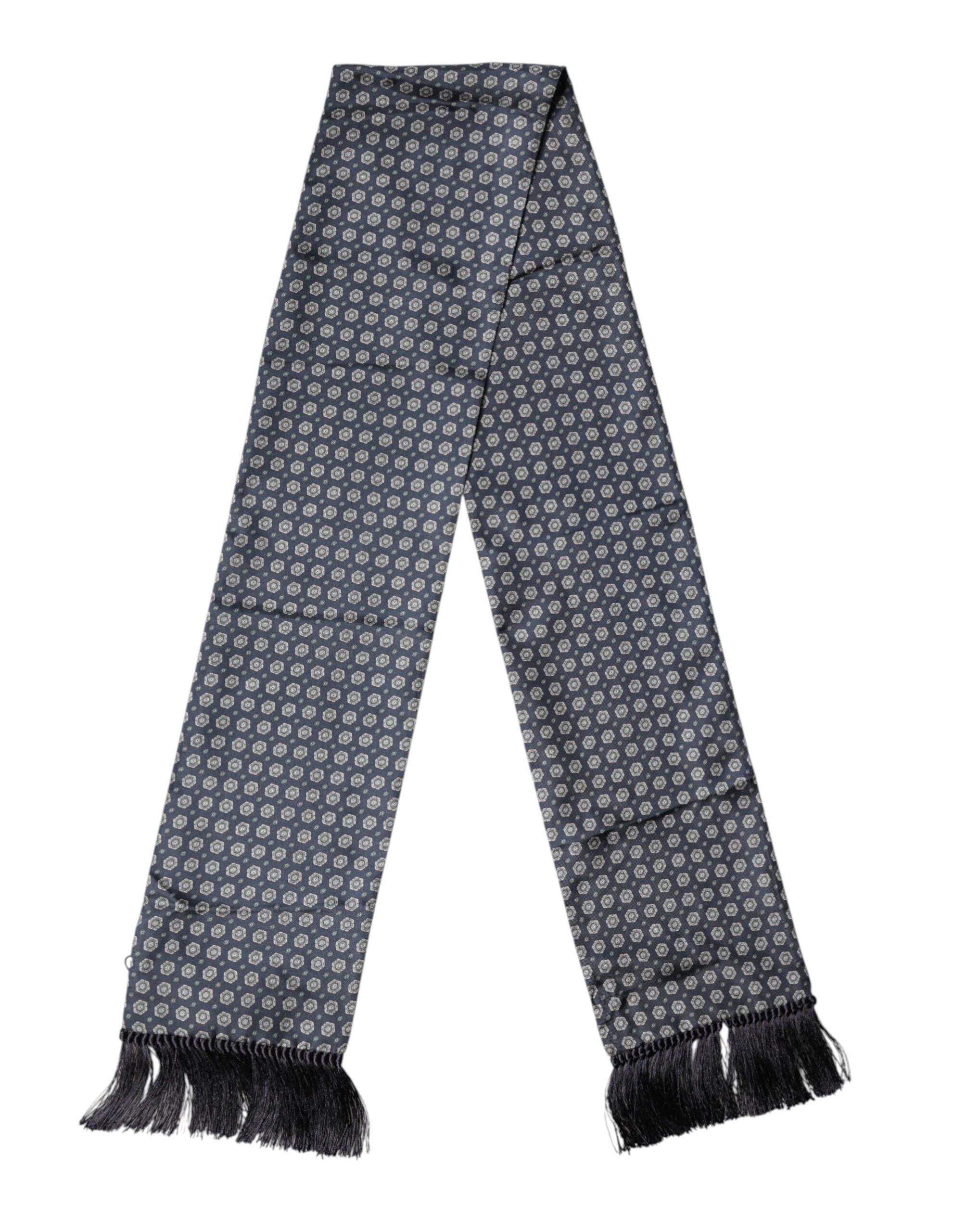 Dolce & Gabbana Blue Patterned Silk Fringes Foulard 138cm x 15.5cm Scarf by Dolce & Gabbana