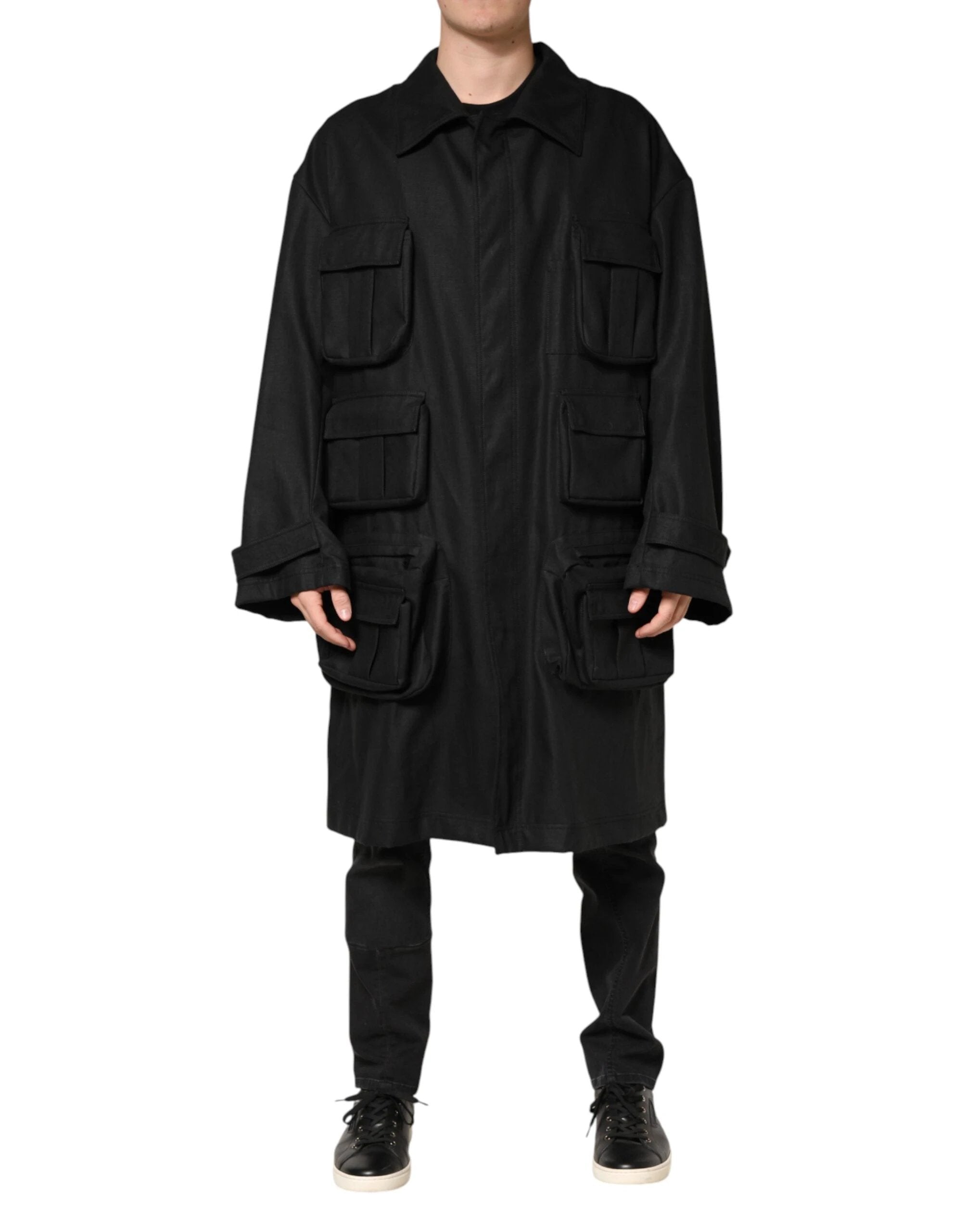 Dolce & Gabbana Black Pockets Collared Trench Coat Jacket by Dolce & Gabbana