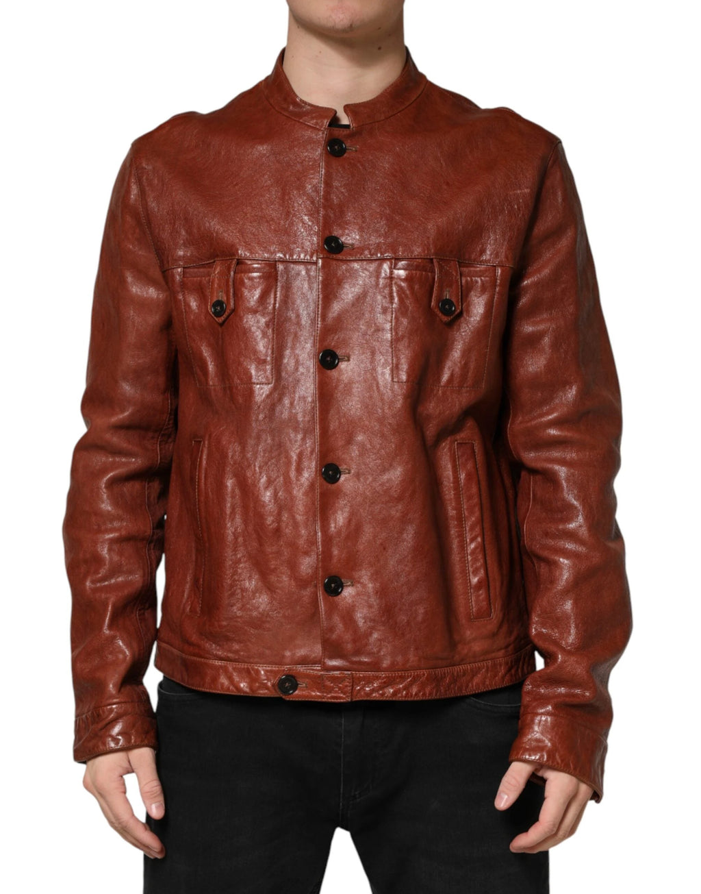 Dolce & Gabbana Brown Leather Button Down Men Biker Jacket by Dolce & Gabbana