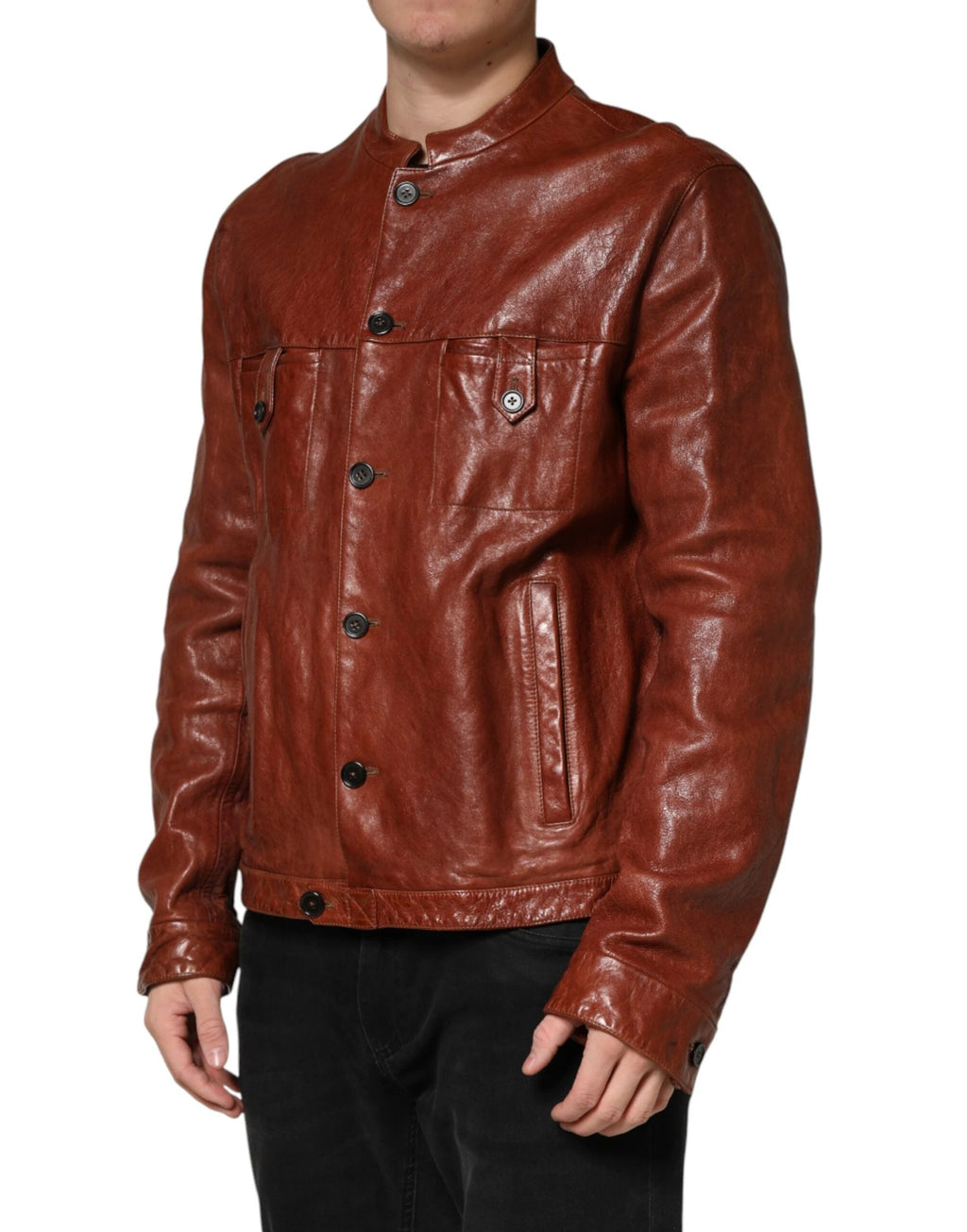 Dolce & Gabbana Brown Leather Button Down Men Biker Jacket by Dolce & Gabbana