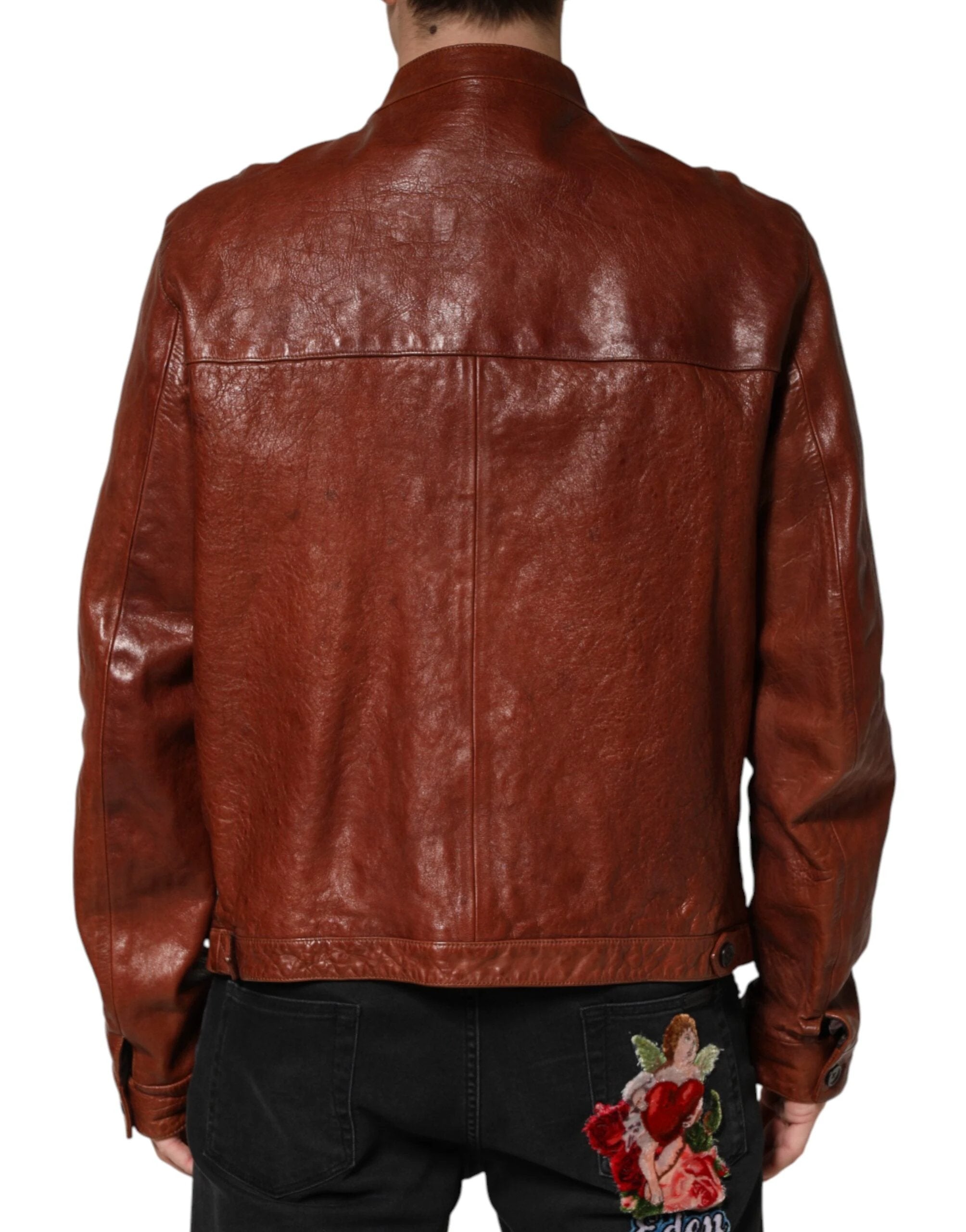 Dolce & Gabbana Brown Leather Button Down Men Biker Jacket by Dolce & Gabbana