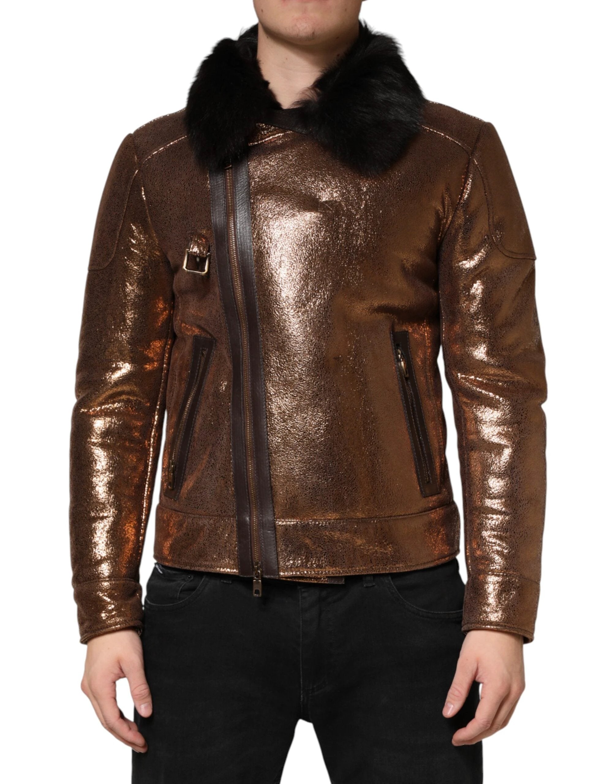 Dolce & Gabbana Bronze Leather Fur Full Zip Men Biker Jacket by Dolce & Gabbana