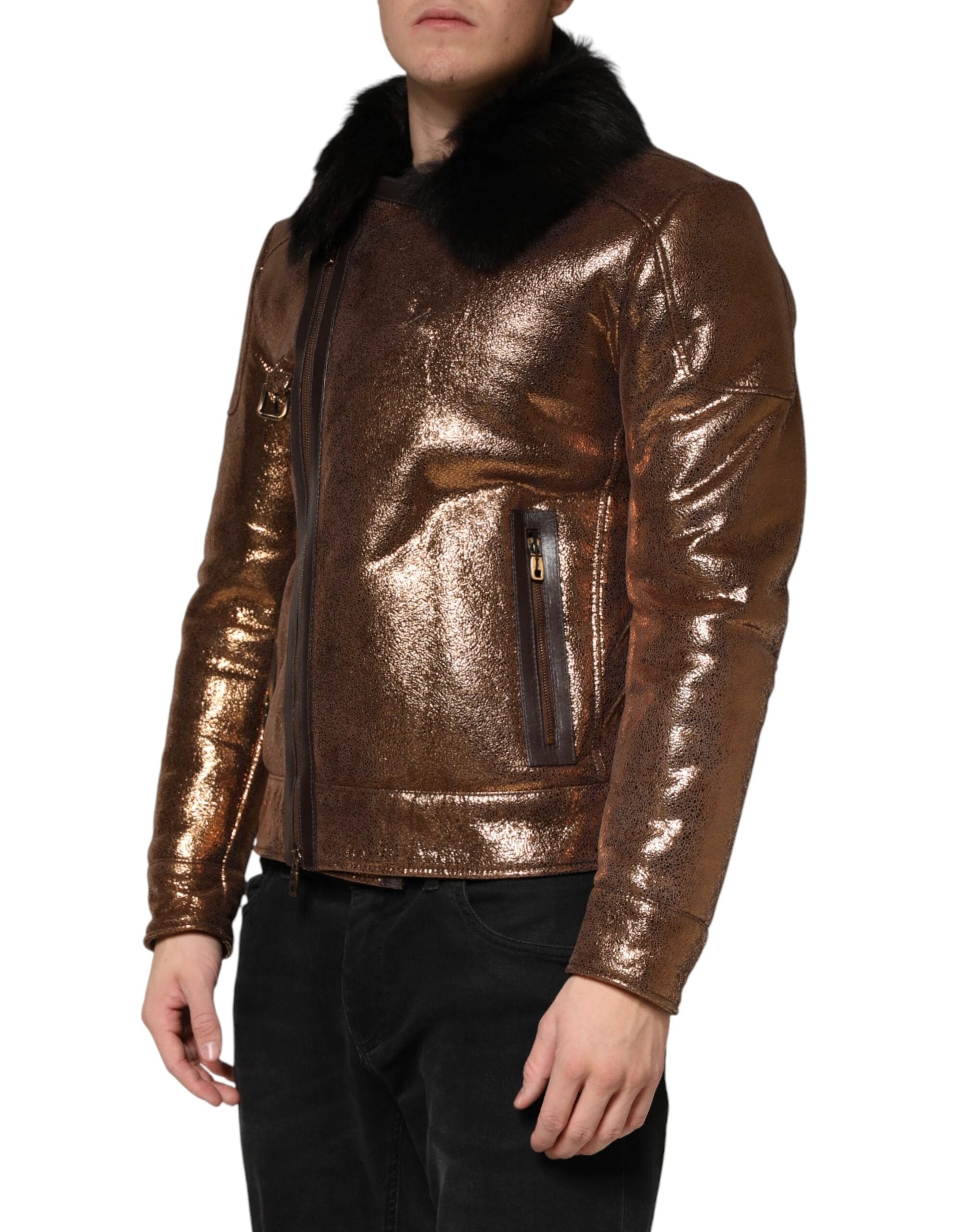 Dolce & Gabbana Bronze Leather Fur Full Zip Men Biker Jacket by Dolce & Gabbana