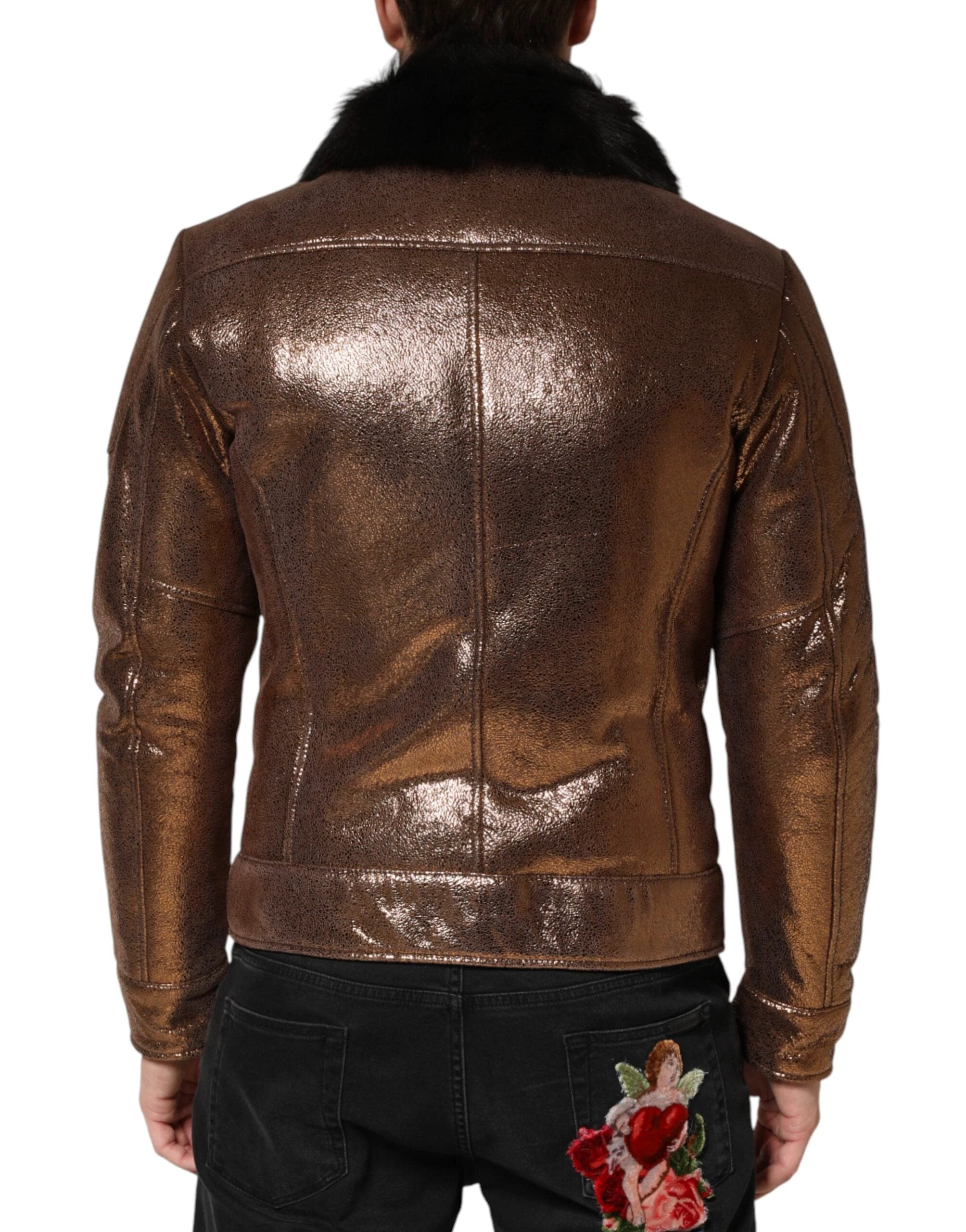 Dolce & Gabbana Bronze Leather Fur Full Zip Men Biker Jacket by Dolce & Gabbana