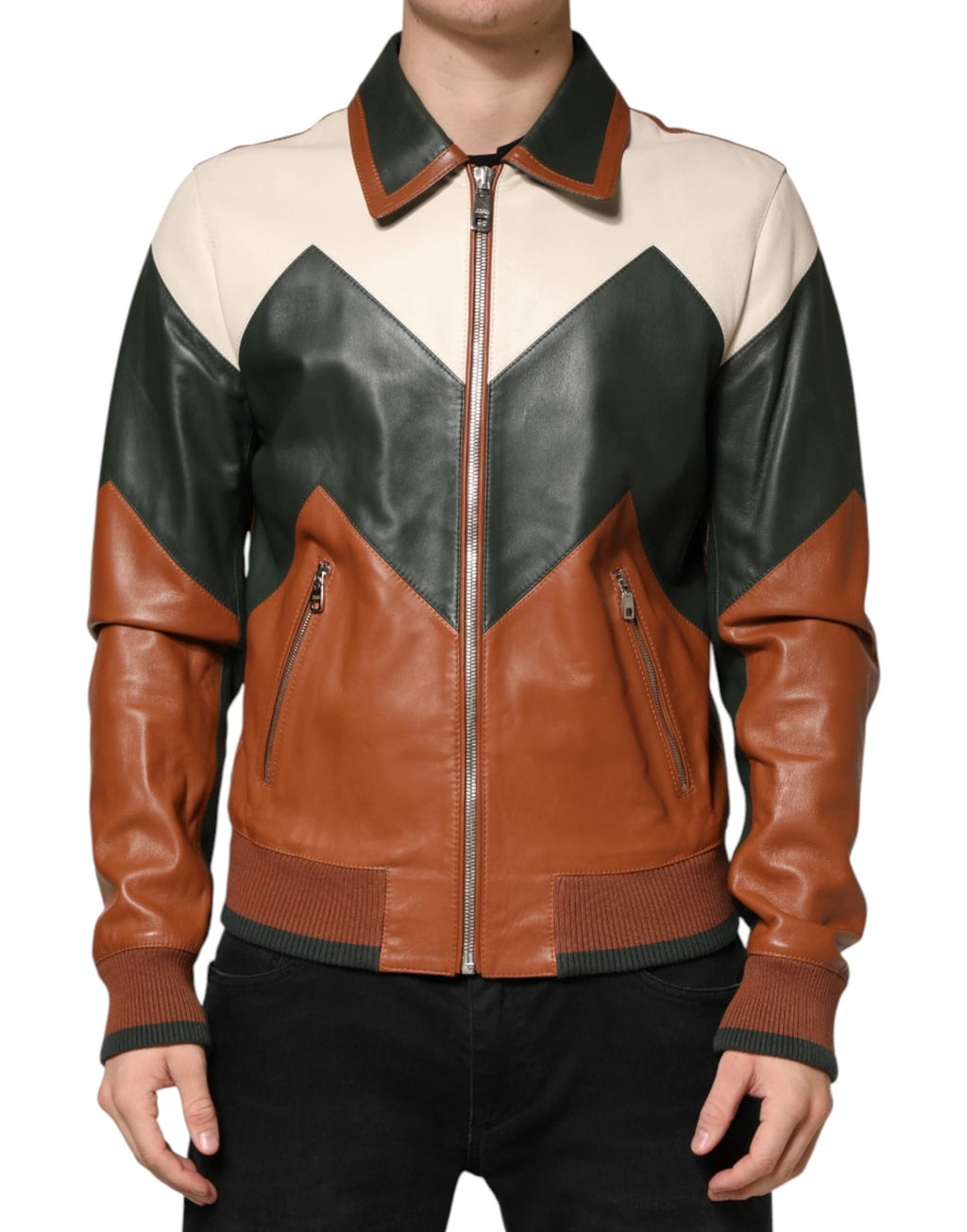 Dolce & Gabbana Multicolor Leather Full Zip men Biker Jacket by Dolce & Gabbana
