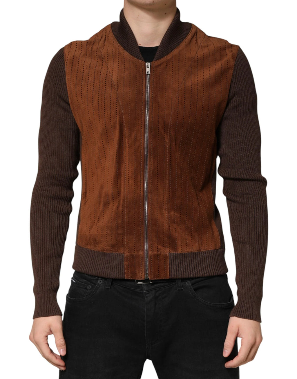 Dolce & Gabbana Brown Velvet Calfskin Full Zip Biker Jacket by Dolce & Gabbana