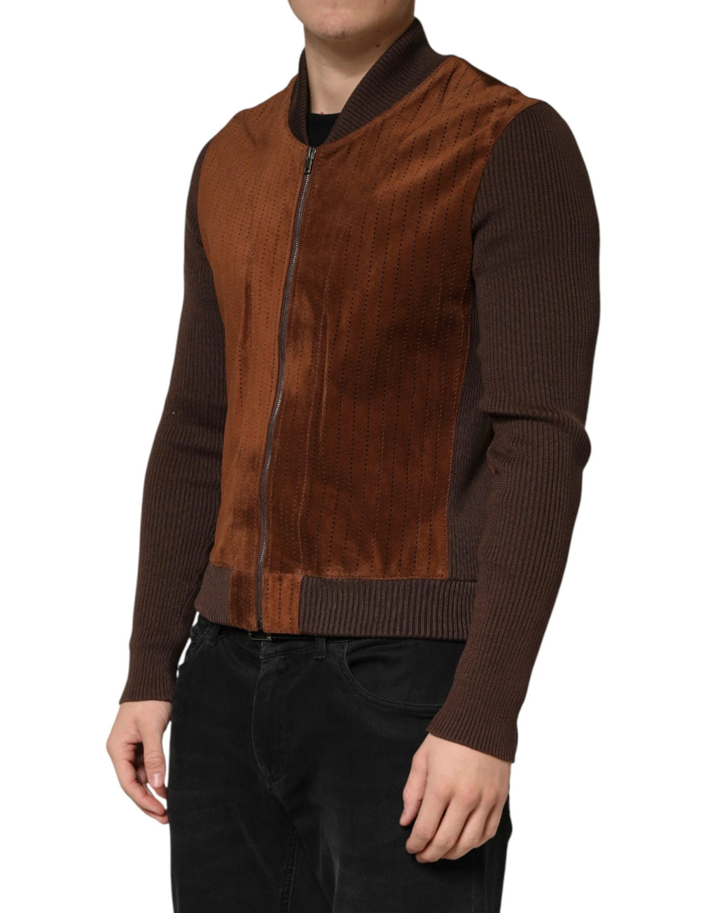 Dolce & Gabbana Brown Velvet Calfskin Full Zip Biker Jacket by Dolce & Gabbana