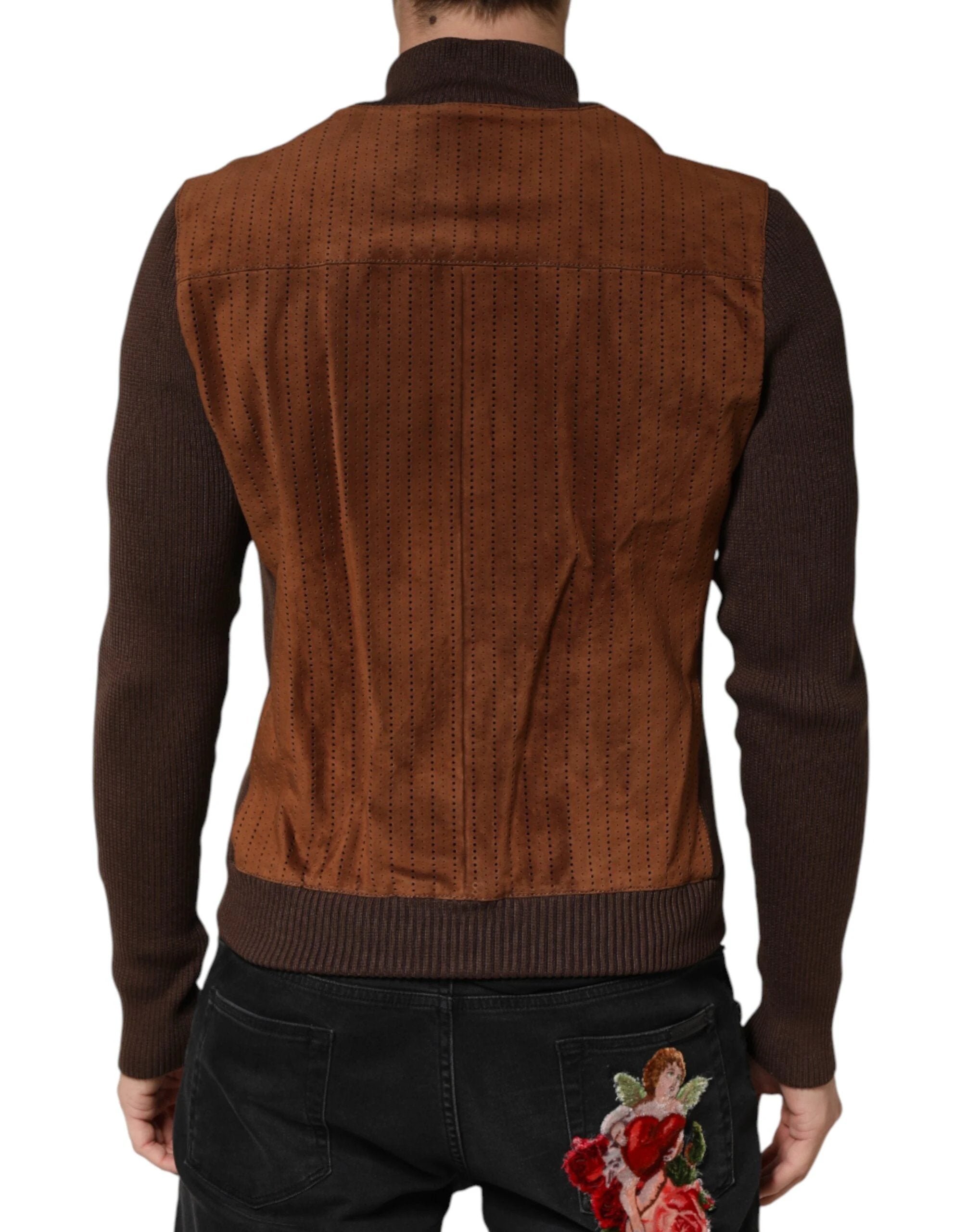 Dolce & Gabbana Brown Velvet Calfskin Full Zip Biker Jacket by Dolce & Gabbana