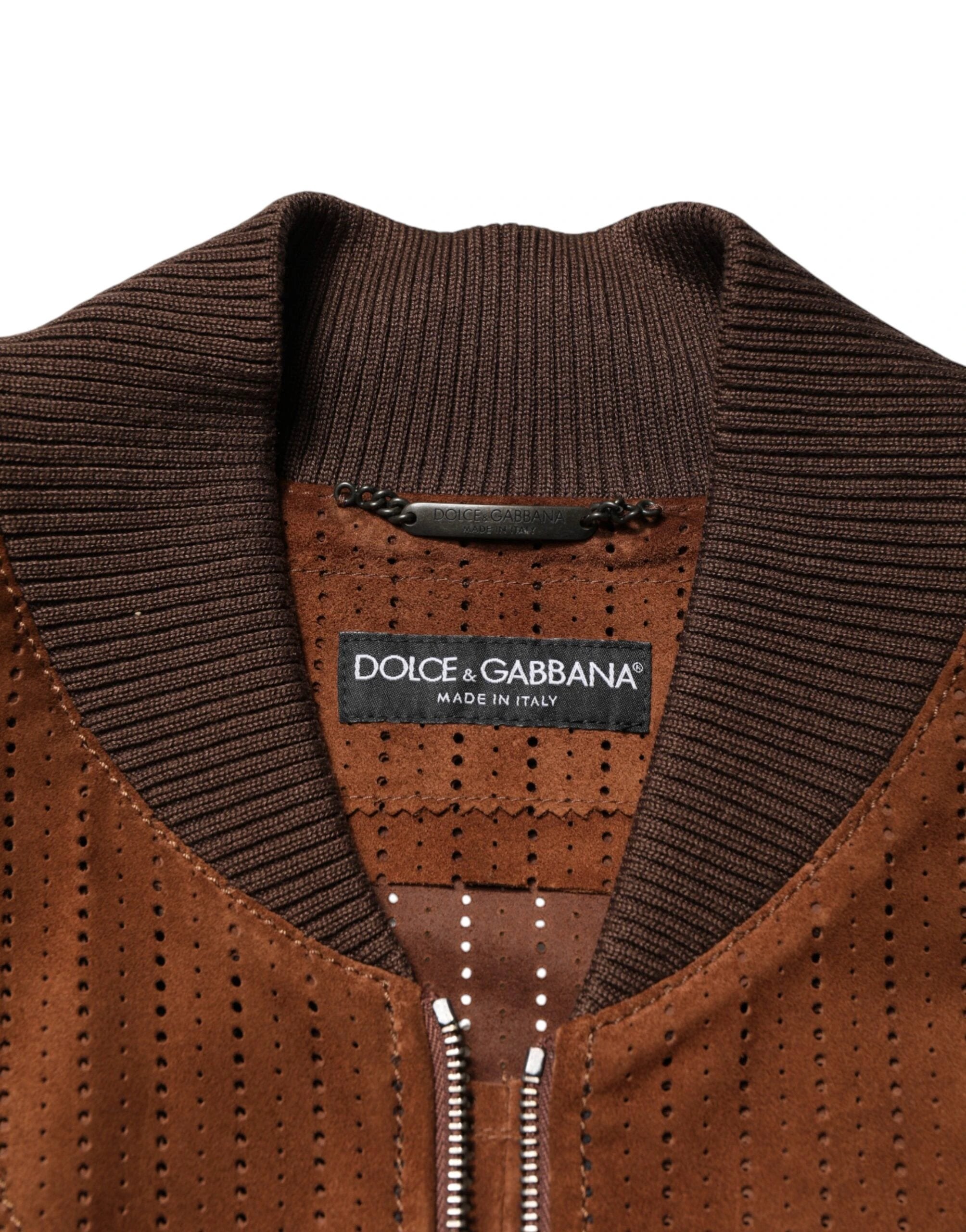 Dolce & Gabbana Brown Velvet Calfskin Full Zip Biker Jacket by Dolce & Gabbana