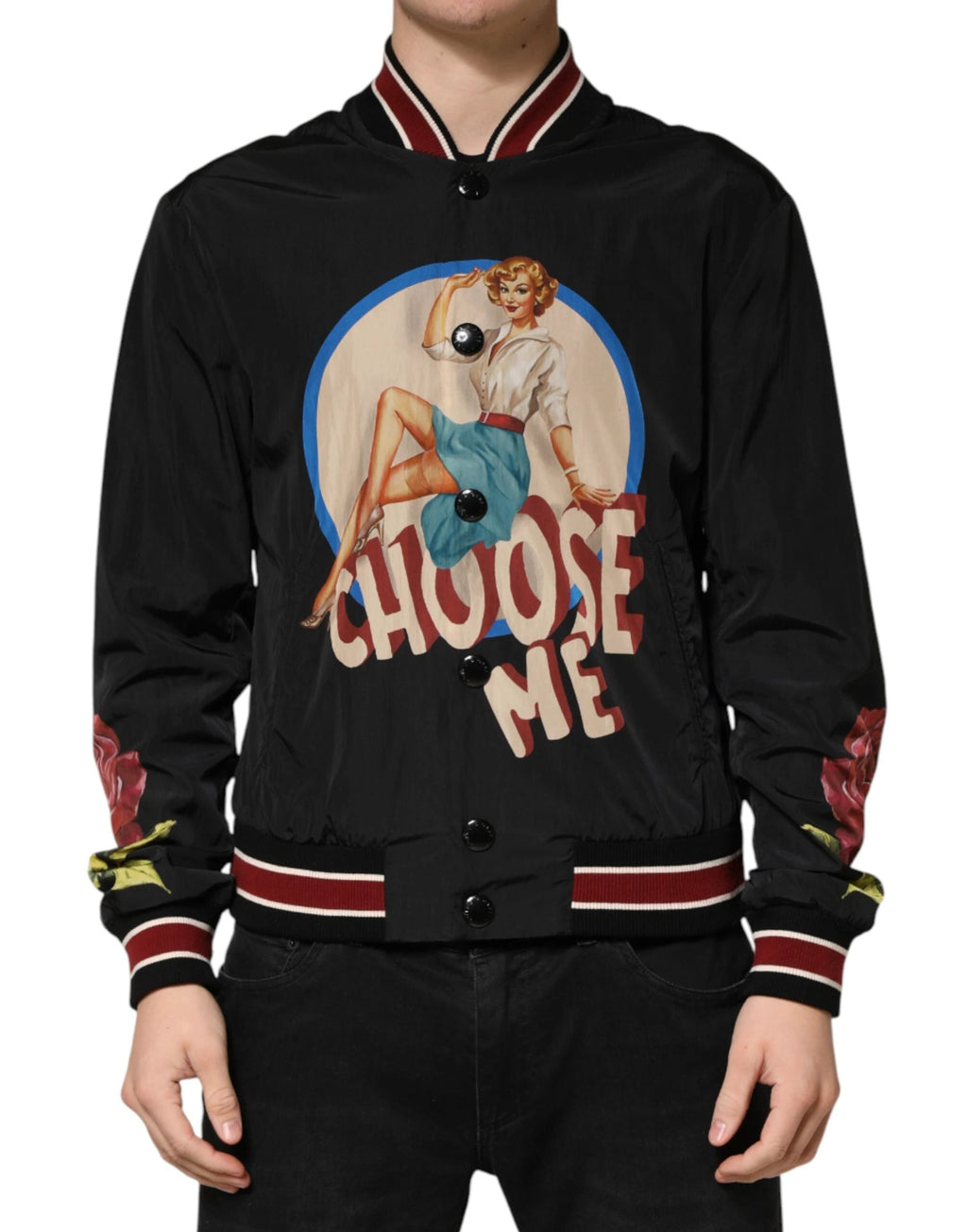 Dolce & Gabbana Black Pin Up Button Down Men Bomber Jacket by Dolce & Gabbana
