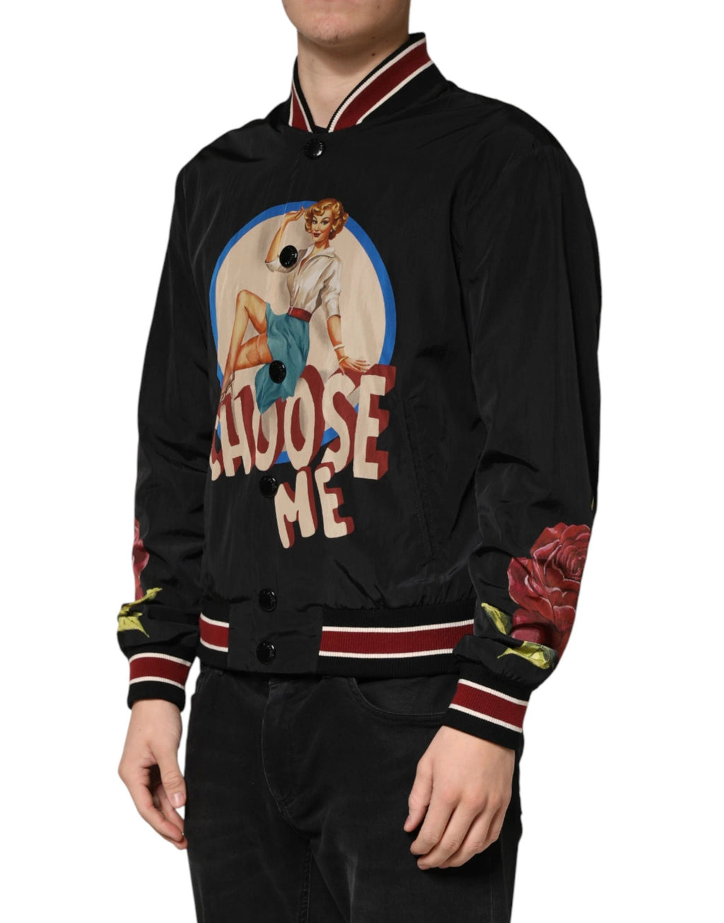 Dolce & Gabbana Black Pin Up Button Down Men Bomber Jacket by Dolce & Gabbana