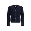 Men’s Blue Cotton Cardigan – Thom Browne V-Neck Striped Detail Knit SS26